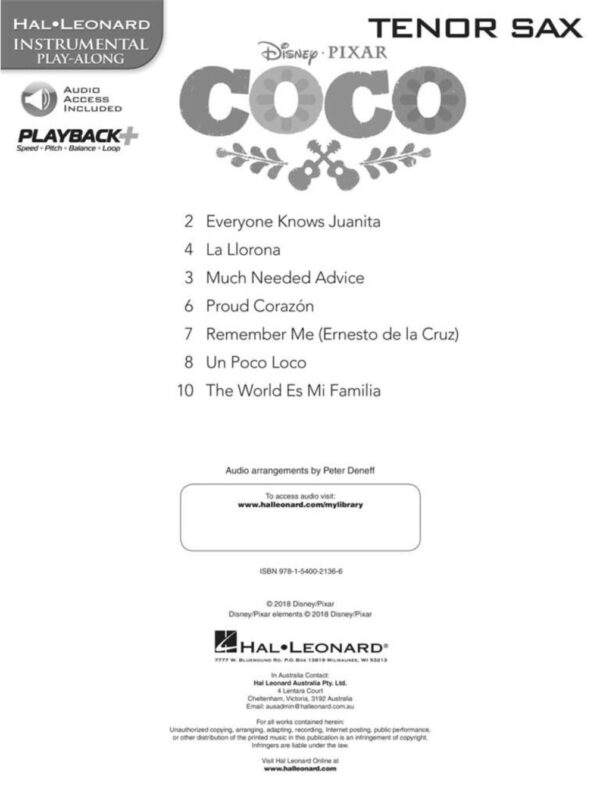 Coco | Instrumental Play Along| 7 Songs from the Film| Tenor Saxophone