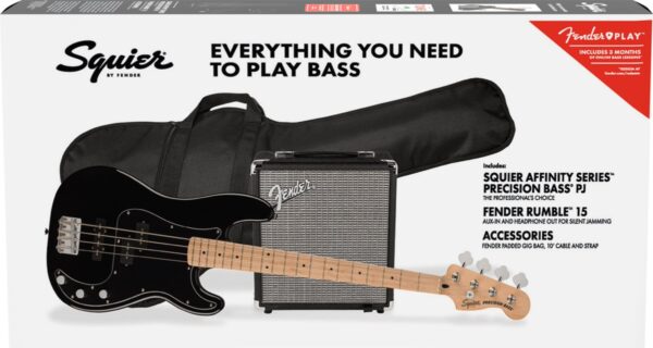 Squier Affinity Precision Bass | Rumble 15w Amp | Accssory Pack |Black