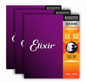 Elixir Acoustic Guitar Nanoweb Custom Light 11-52 80/20 Bronze 3 Pack