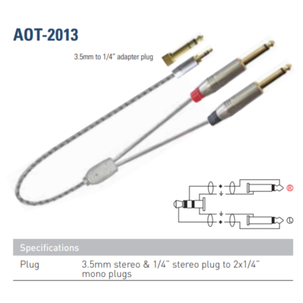 Leem AOT-2013-1M | Audio Cable |3.5mm + 1/4″ Stereo to 2×1/4″ Mono 11M